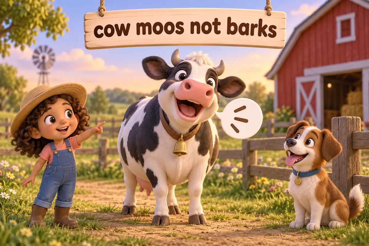 A cartoon cow with a speech bubble beside a dog, a child shaking a finger gently.