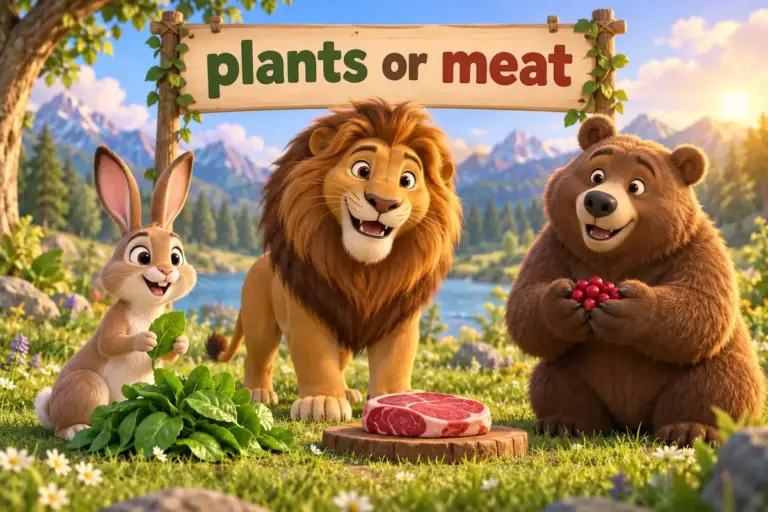 Cartoon animals with their foods, a rabbit with leaves, a lion with meat and a bear with berries, showing animals and their food names.
