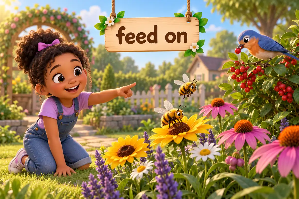 A cartoon child points at bees feeding on flowers and a bird eating berries on a bush.