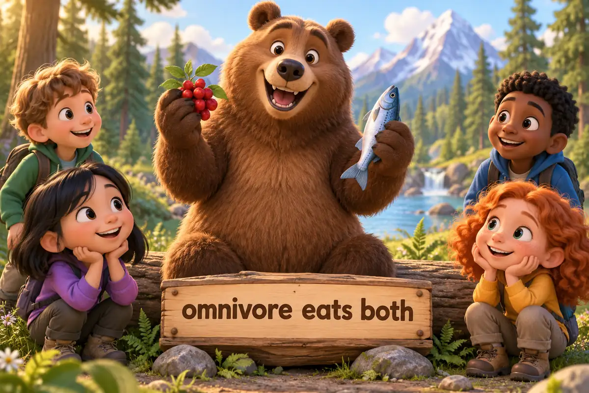 A cartoon bear holds berries in one paw and a fish in the other in a forest clearing.
