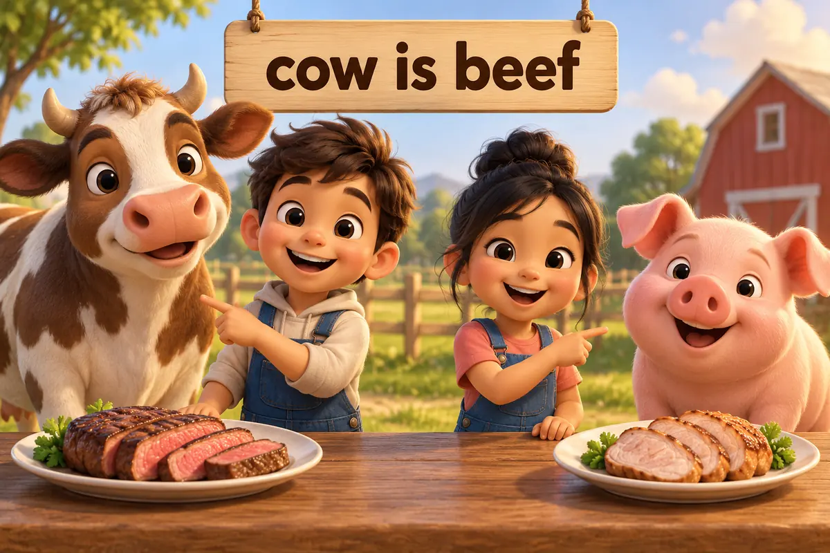 Cartoon children stand between a cow and a plate of beef and between a pig and a plate of pork, showing animals and their meat name.