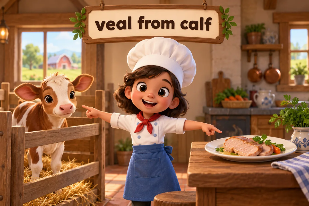 A cartoon child in a chef hat points from a calf in a pen to a plate of veal on a table.
