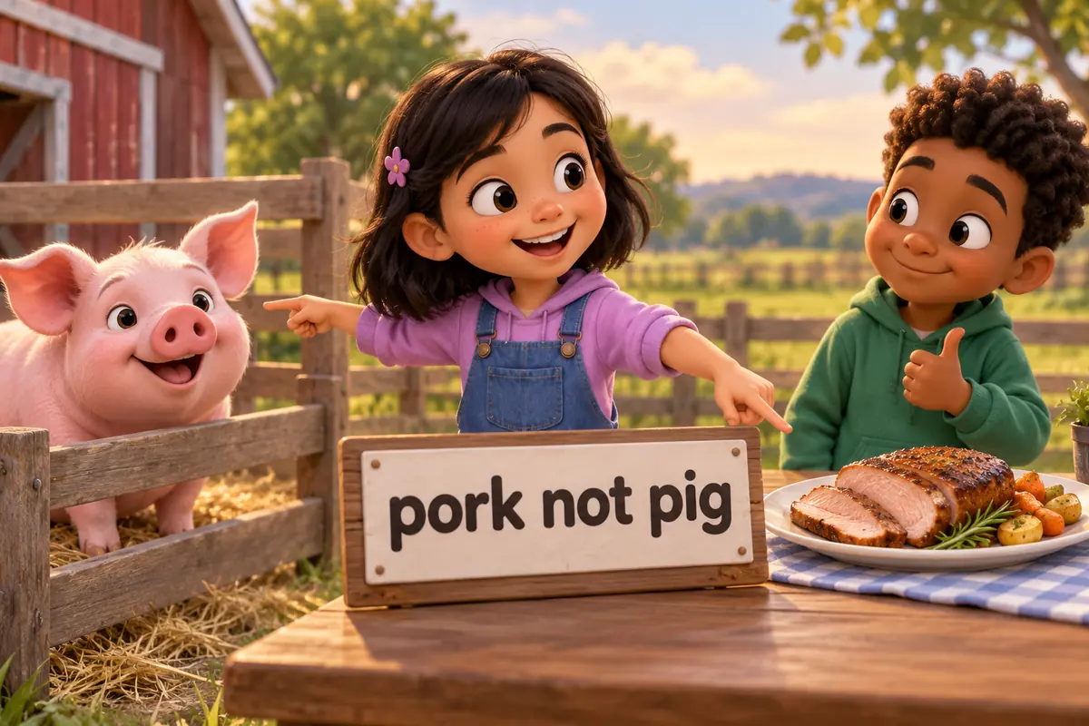 A cartoon child politely points from a pig in a pen to a labelled plate of pork on a table.
