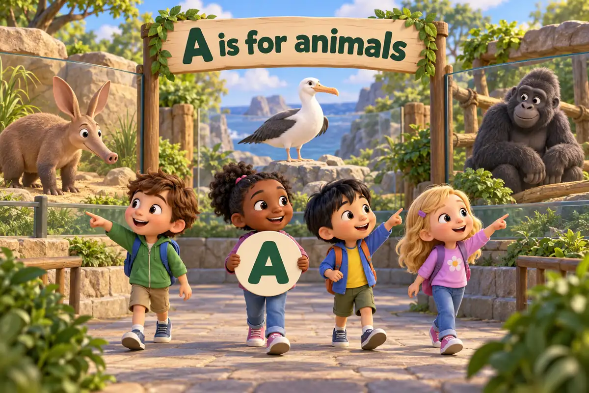 Cartoon children tour a zoo and name animals that start with a, from the aardvark to the ape.