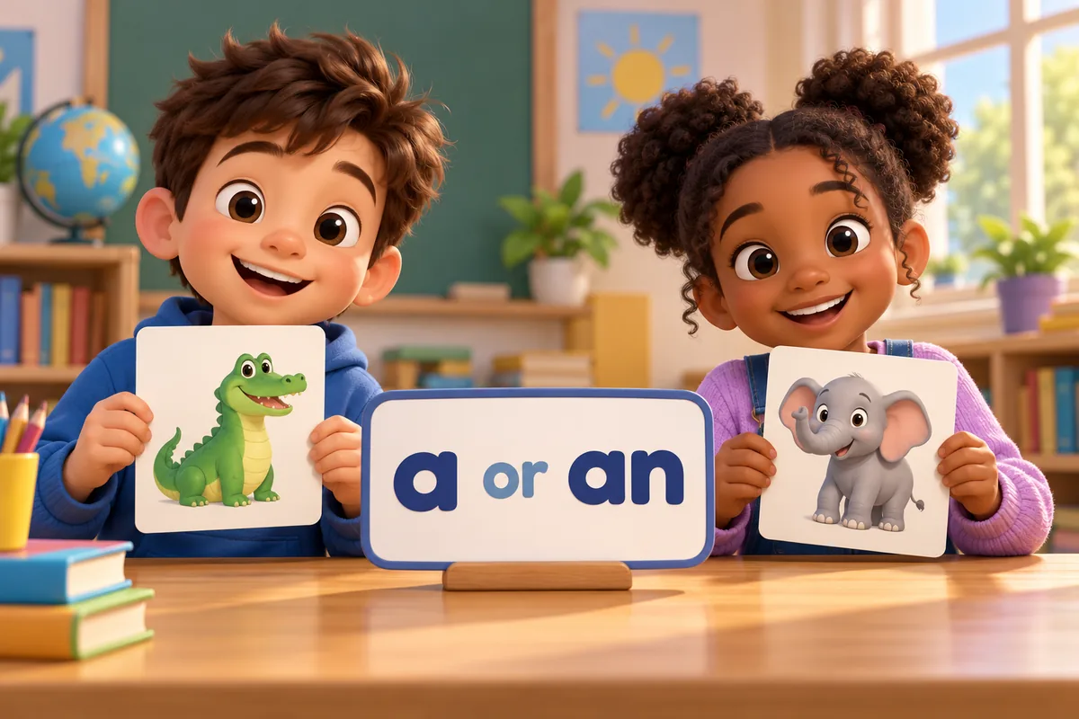 Cartoon children choose the article a or an before animal picture cards laid on a classroom table.