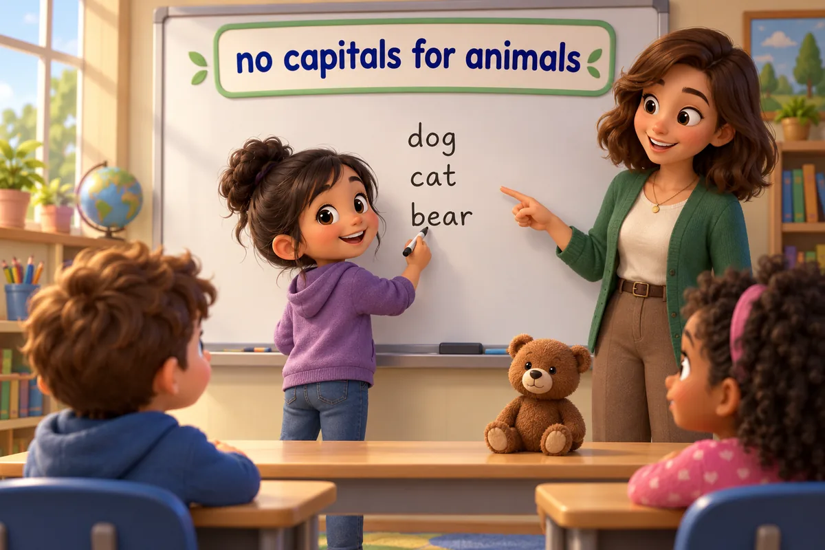A cartoon child writes animal names in lowercase on a whiteboard while a teacher nods approval.