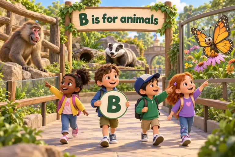 Cartoon children tour a zoo and name animals that start with b, from the baboon to the butterfly.