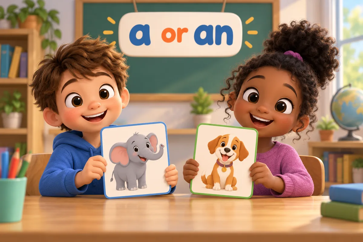 Cartoon children choose the article a or an before animal picture cards laid on a classroom table.