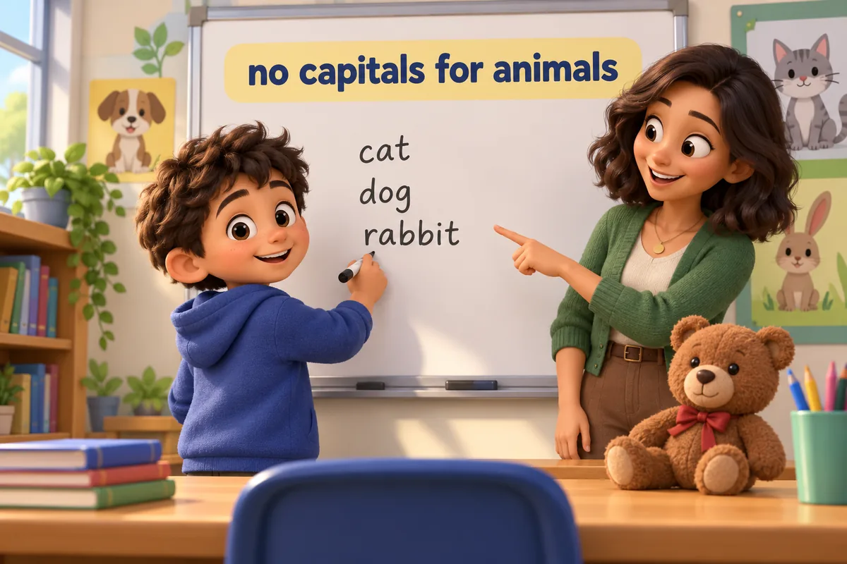 A cartoon child writes animal names in lowercase on a whiteboard while a teacher nods approval.