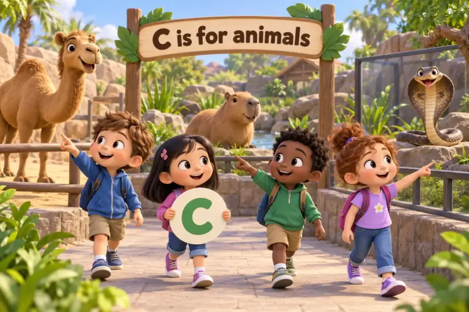 Cartoon children tour a zoo and name animals that start with c, from the camel to the cobra.