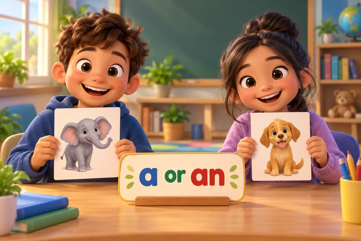 Cartoon children choose the article a or an before animal picture cards laid on a classroom table.