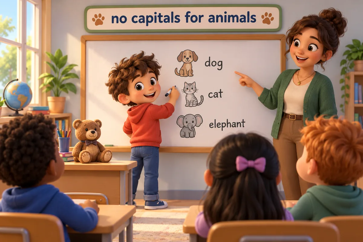 A cartoon child writes animal names in lowercase on a whiteboard while a teacher nods approval.