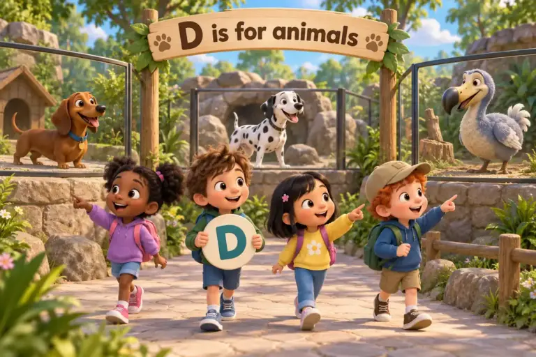 Cartoon children tour a zoo and name animals that start with d, from the dachshund to the dodo.
