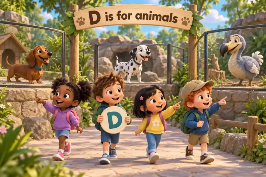 Cartoon children tour a zoo and name animals that start with d, from the dachshund to the dodo.