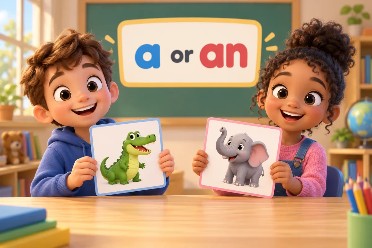 Cartoon children choose the article a or an before animal picture cards laid on a classroom table.