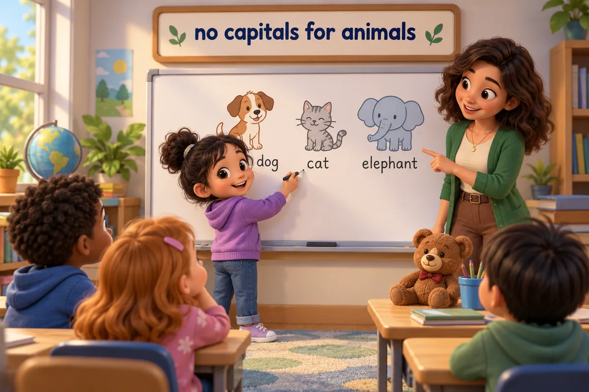 A cartoon child writes animal names in lowercase on a whiteboard while a teacher nods approval.