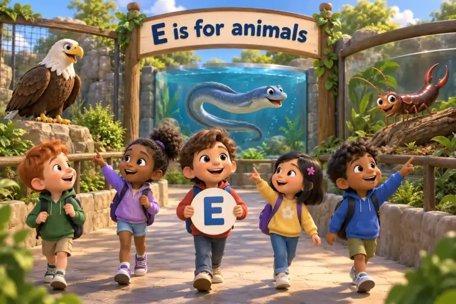 Cartoon children tour a zoo and name animals that start with e, from the eagle to the earwig.