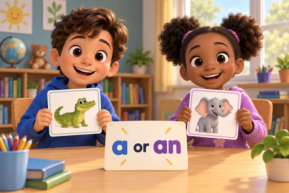 Cartoon children choose the article a or an before animal picture cards laid on a classroom table.