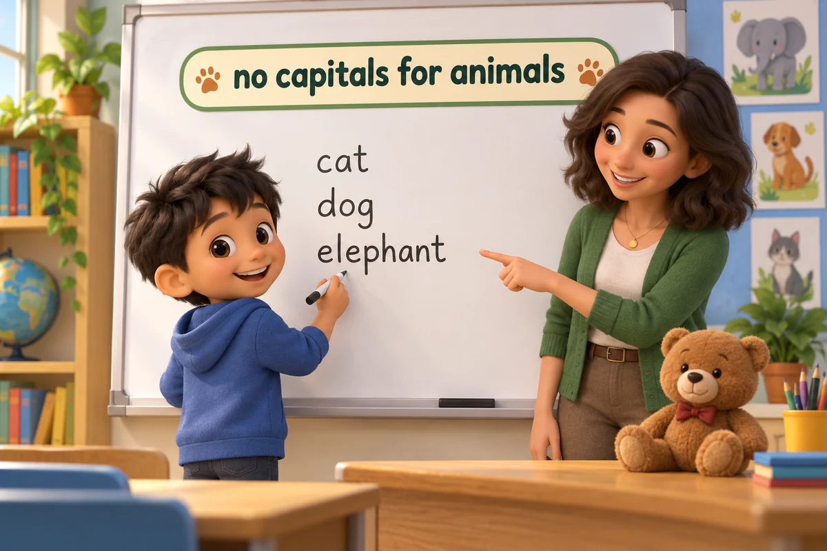 A cartoon child writes animal names in lowercase on a whiteboard while a teacher nods approval.