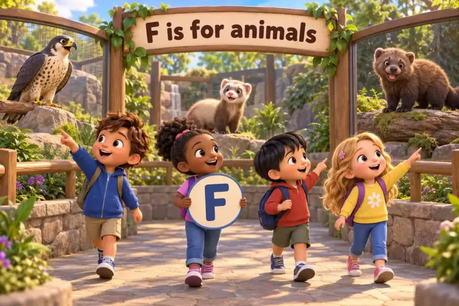 Cartoon children tour a zoo and name animals that start with f, from the falcon to the fisher.