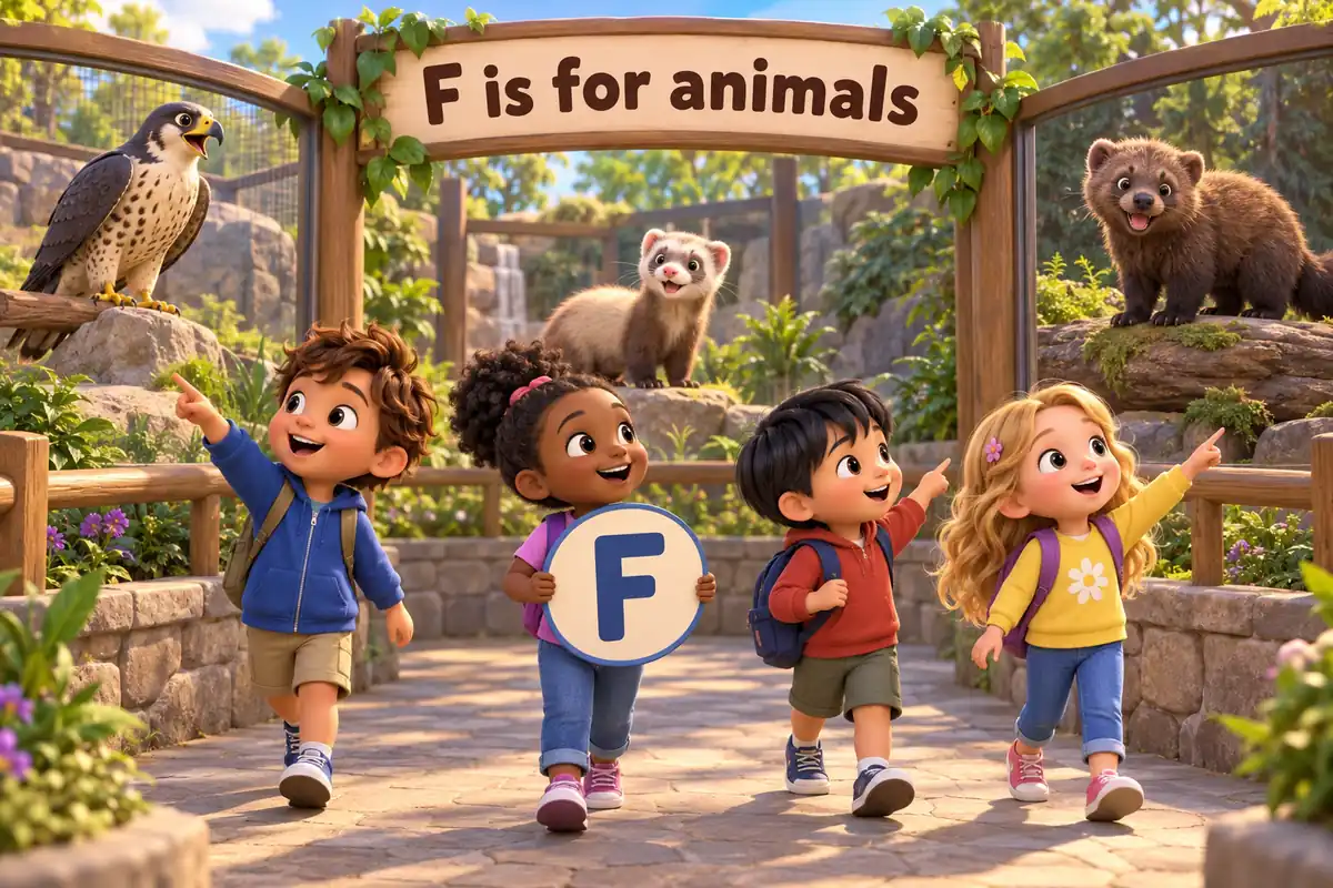 Cartoon children tour a zoo and name animals that start with f, from the falcon to the fisher.