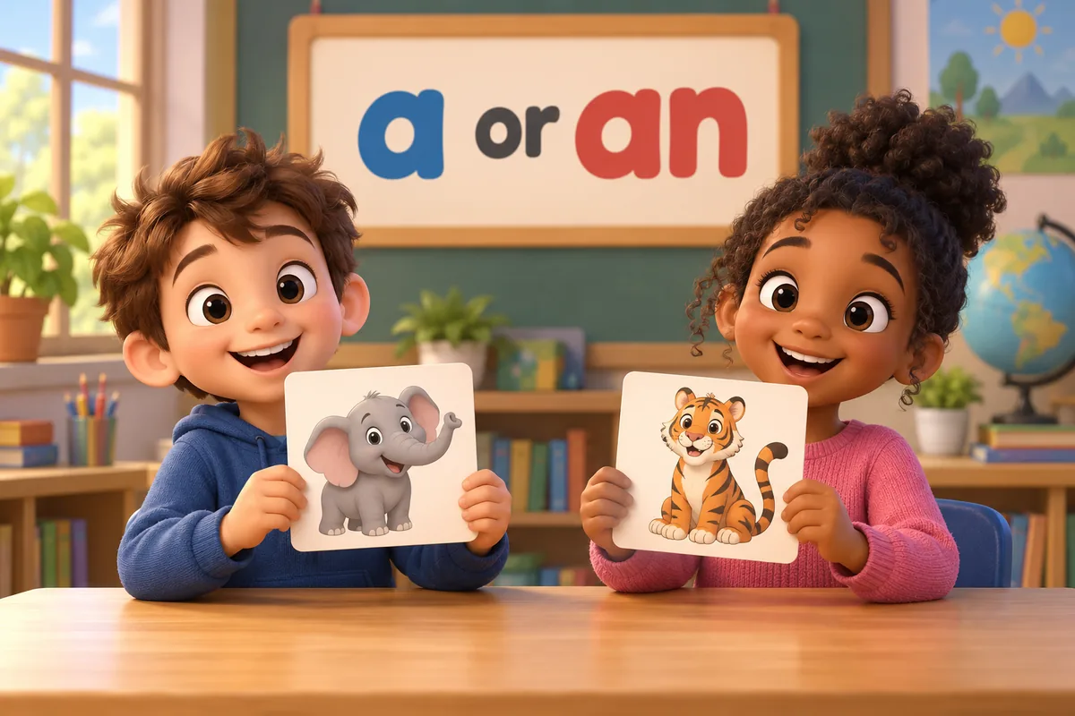 Cartoon children choose the article a or an before animal picture cards laid on a classroom table.