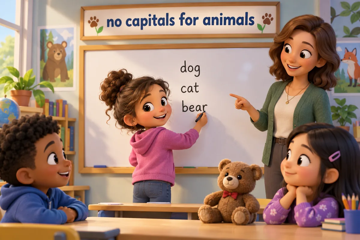 A cartoon child writes animal names in lowercase on a whiteboard while a teacher nods approval.