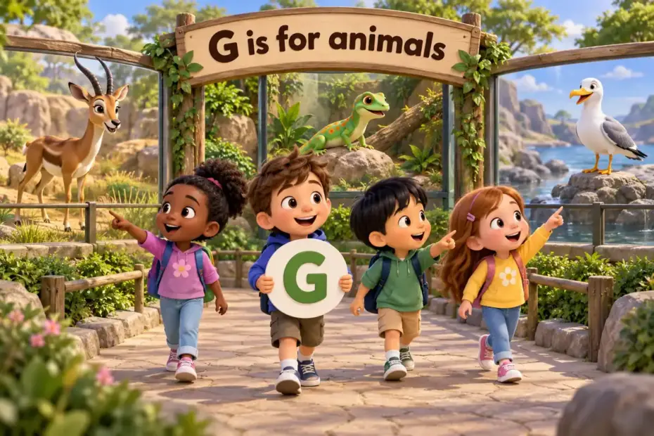 Cartoon children tour a zoo and name animals that start with g, from the gazelle to the gull.
