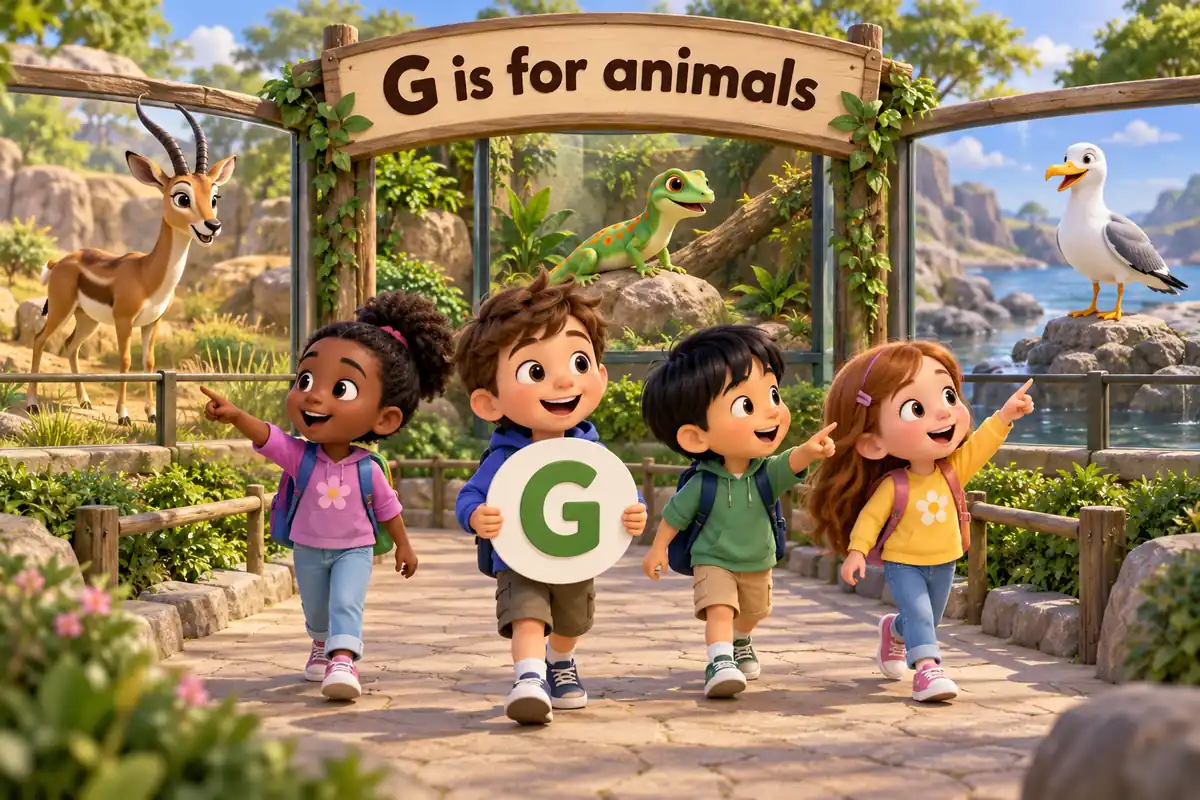 Cartoon children tour a zoo and name animals that start with g, from the gazelle to the gull.