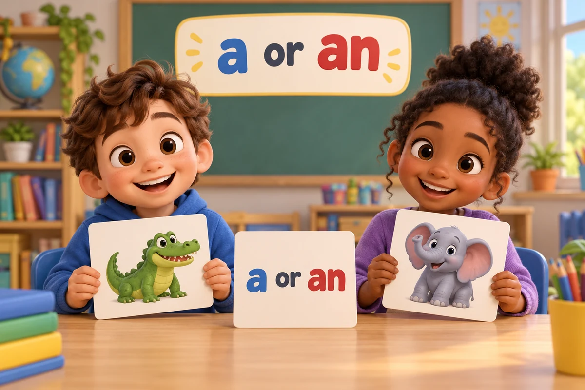 Cartoon children choose the article a or an before animal picture cards laid on a classroom table.