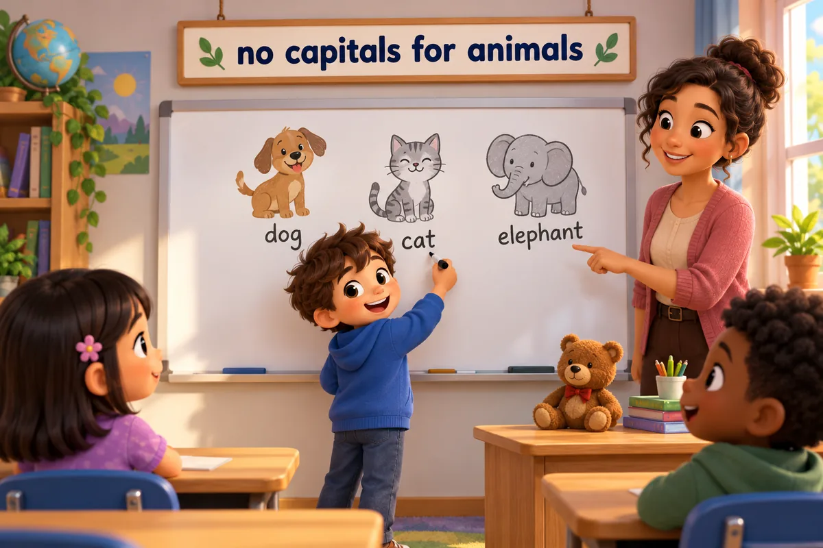 A cartoon child writes animal names in lowercase on a whiteboard while a teacher nods approval.