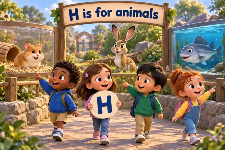 Cartoon children tour a zoo and name animals that start with h, from the hamster to the haddock.