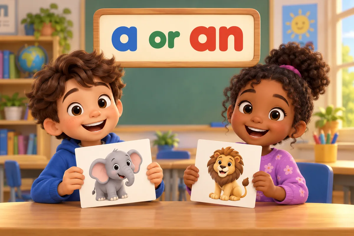 Cartoon children choose the article a or an before animal picture cards laid on a classroom table.