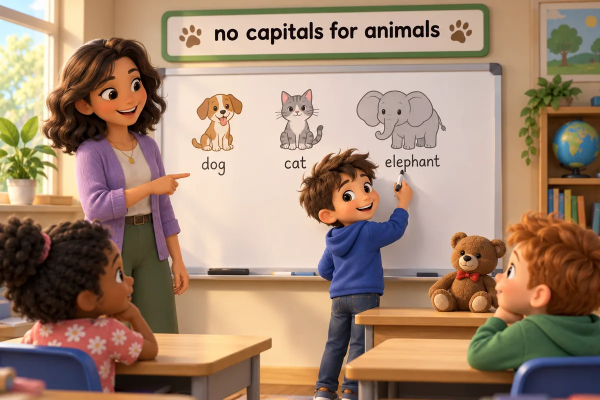 A cartoon child writes animal names in lowercase on a whiteboard while a teacher nods approval.