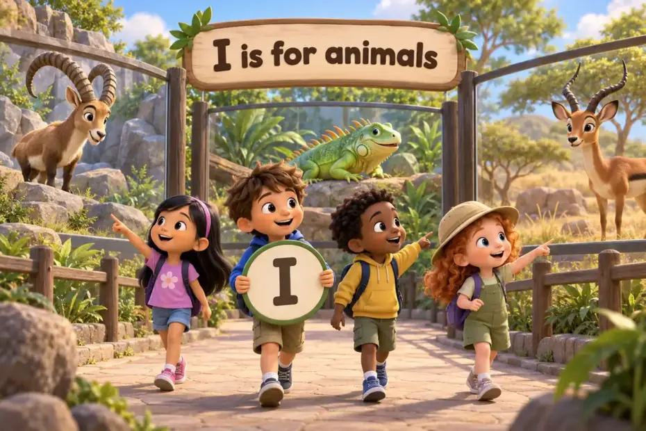 Cartoon children tour a zoo and name animals that start with i, from the ibex to the inchworm.