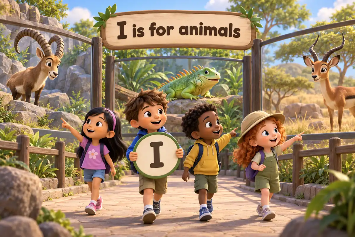 Cartoon children tour a zoo and name animals that start with i, from the ibex to the inchworm.