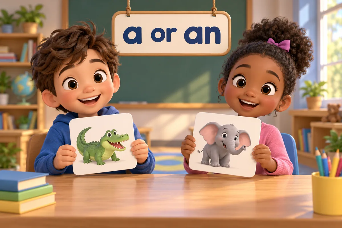 Cartoon children choose the article a or an before animal picture cards laid on a classroom table.