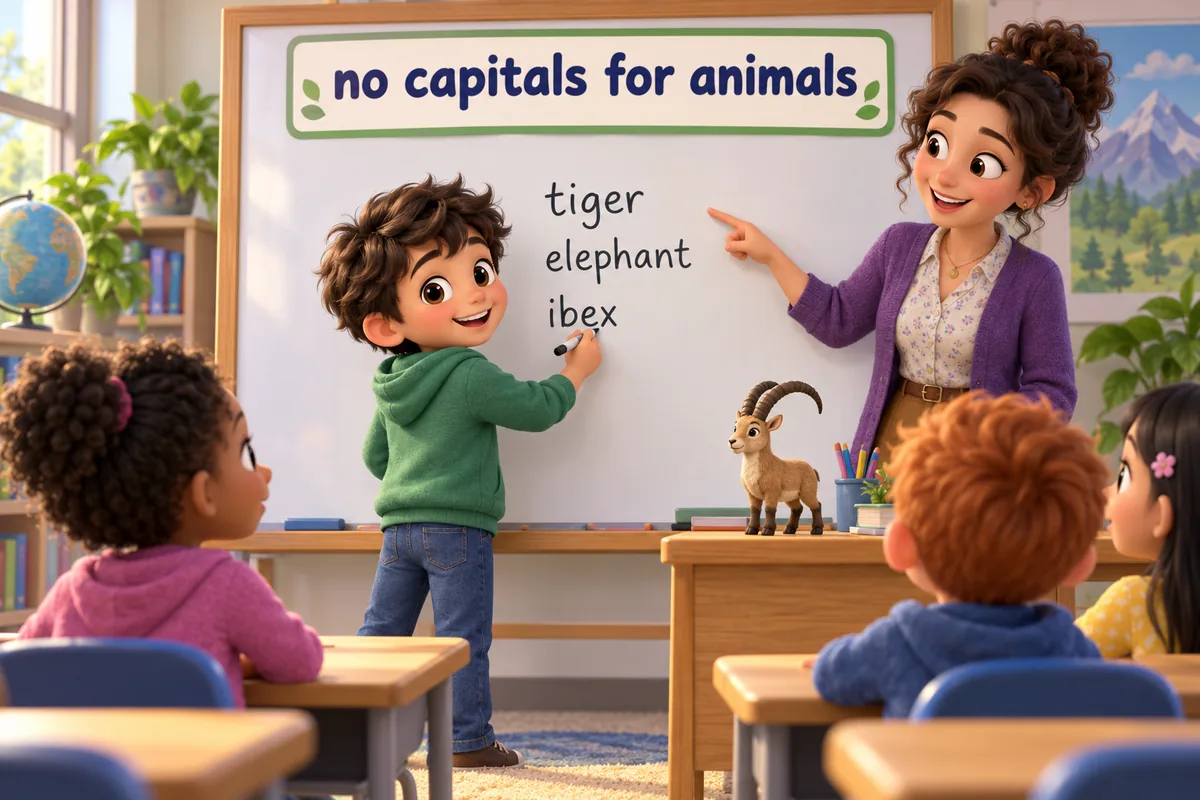 A cartoon child writes animal names in lowercase on a whiteboard while a teacher nods approval.