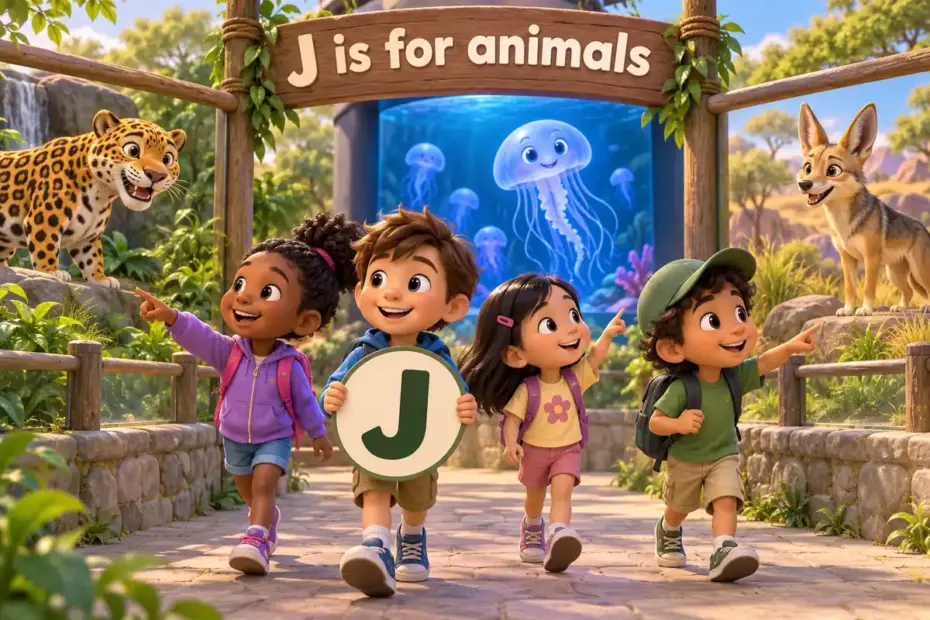 Cartoon children tour a zoo and name animals that start with j, from the jaguar to the jaguarundi.