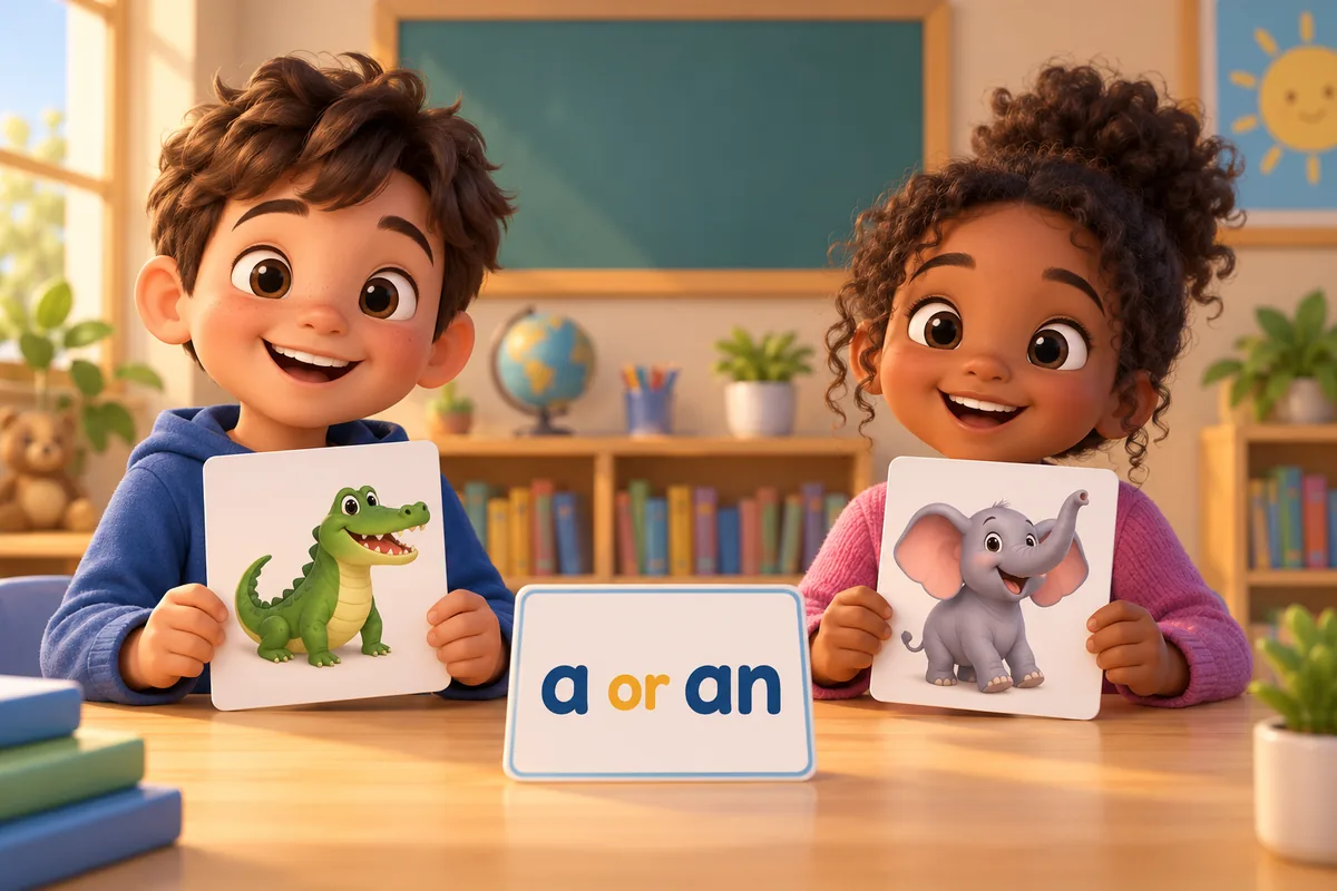 Cartoon children choose the article a or an before animal picture cards laid on a classroom table.