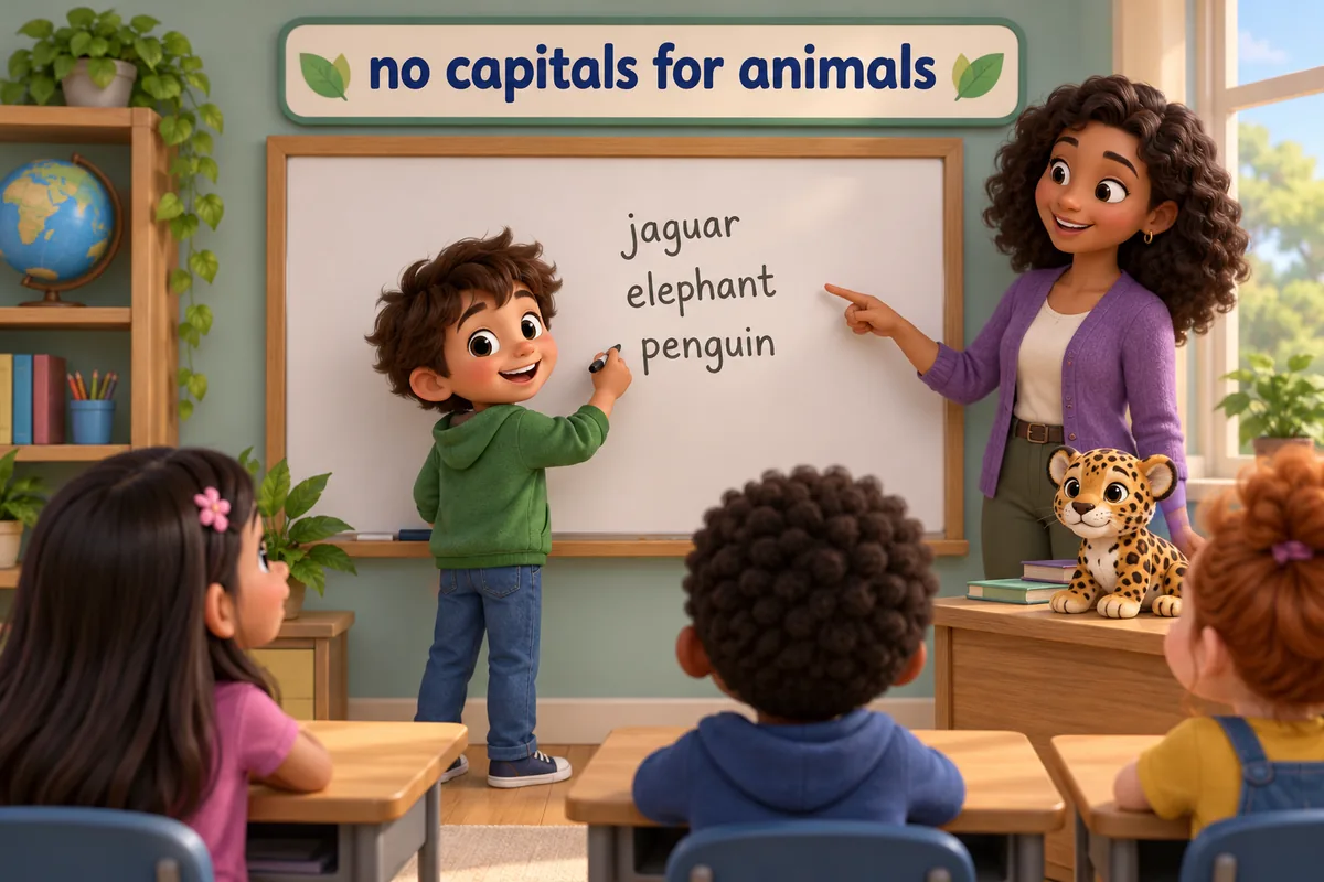 A cartoon child writes animal names in lowercase on a whiteboard while a teacher nods approval.