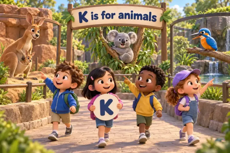 Cartoon children tour a zoo and name animals that start with k, from the kangaroo to the komodo dragon.