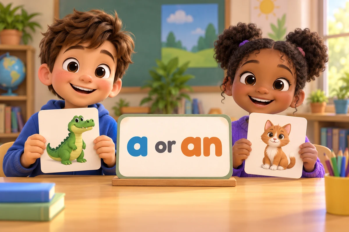 Cartoon children choose the article a or an before animal picture cards laid on a classroom table.