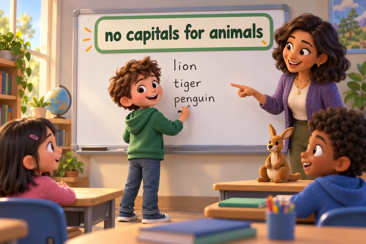 A cartoon child writes animal names in lowercase on a whiteboard while a teacher nods approval.