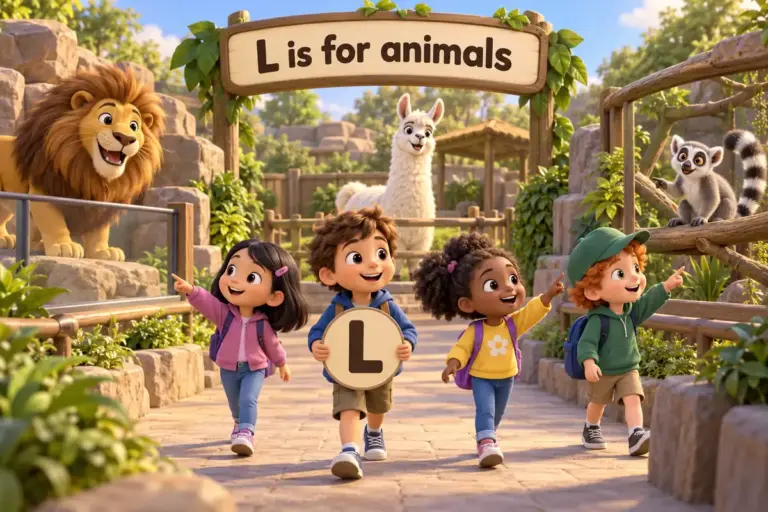 Cartoon children tour a zoo and name animals that start with l, from the lion to the ladybug.