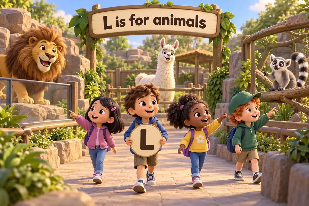 Cartoon children tour a zoo and name animals that start with l, from the lion to the ladybug.