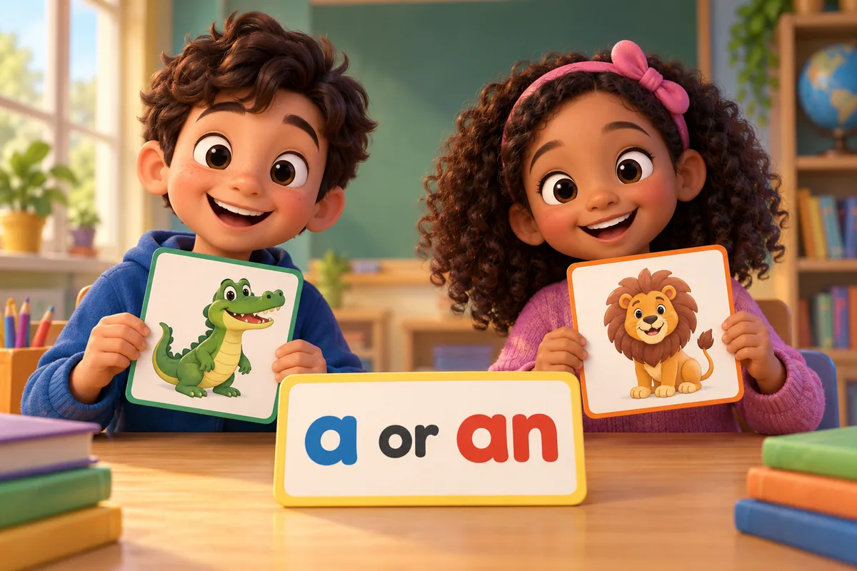 Cartoon children choose the article a or an before animal picture cards laid on a classroom table.