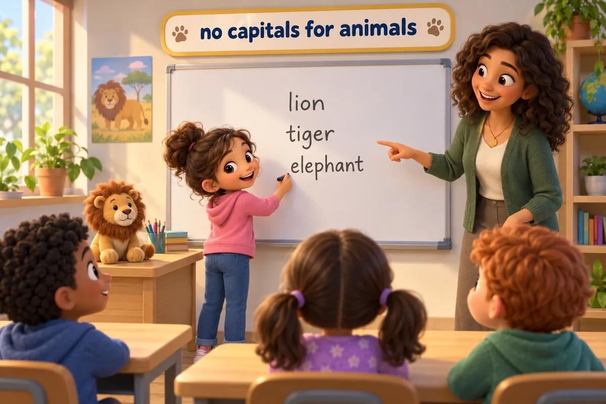 A cartoon child writes animal names in lowercase on a whiteboard while a teacher nods approval.