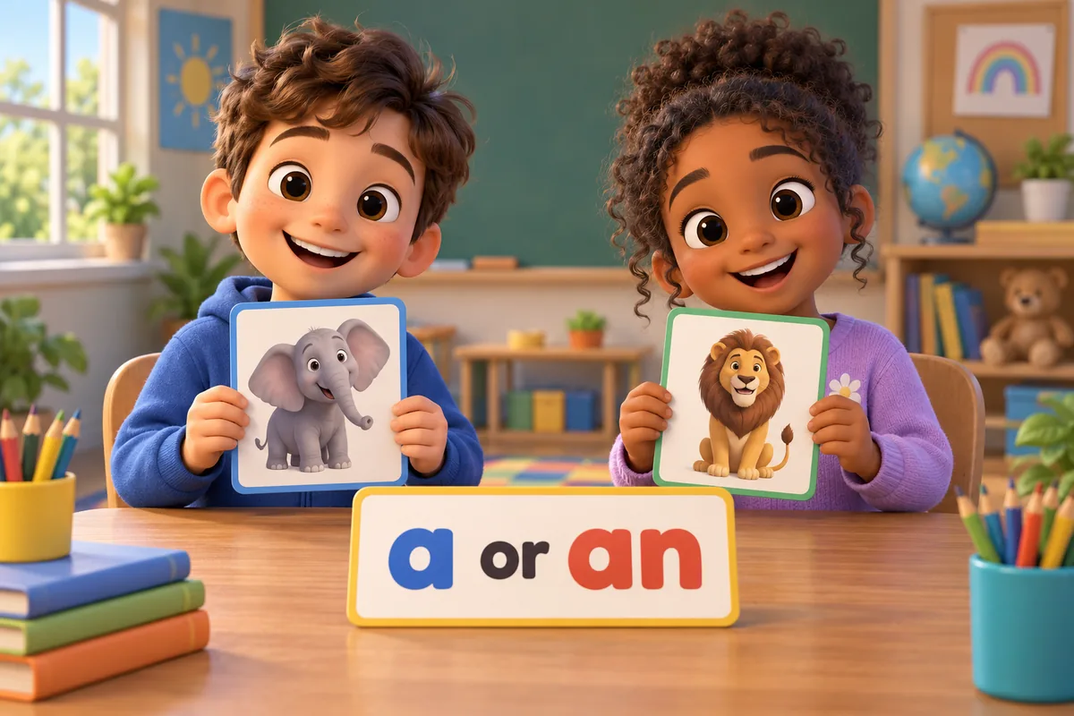 Cartoon children choose the article a or an before animal picture cards laid on a classroom table.