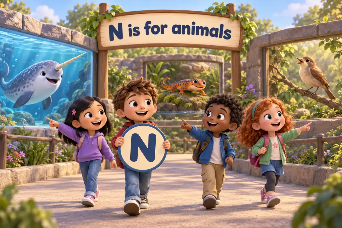 Cartoon children tour a zoo and name animals that start with n, from the narwhal to the nuthatch.